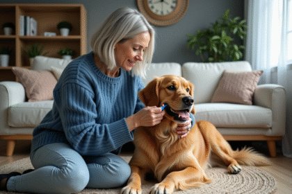 Femme en pull bleu brossant dents chien golden retriever
