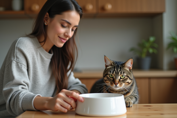 Femme remplissant un bol d'eau pour son chat dans la cuisine