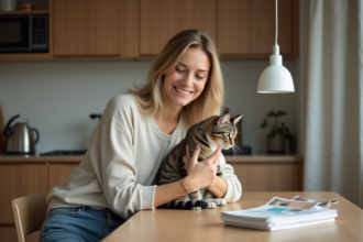Femme avec chat dans une cuisine moderne