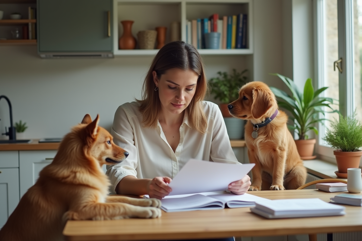 Femme avec chien et chat examine documents d'assurance animaux