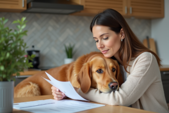 Femme âgée avec son chien en intérieur chaleureux