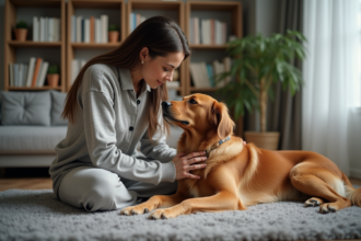 Femme avec chien golden retriever dans un salon chaleureux