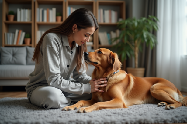 Femme avec chien golden retriever dans un salon chaleureux