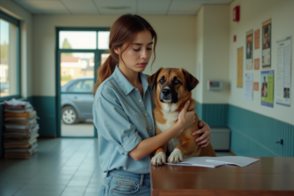 Femme avec chien dans un refuge animalier