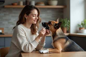 Jeune femme avec chien en intérieur pour test ADN