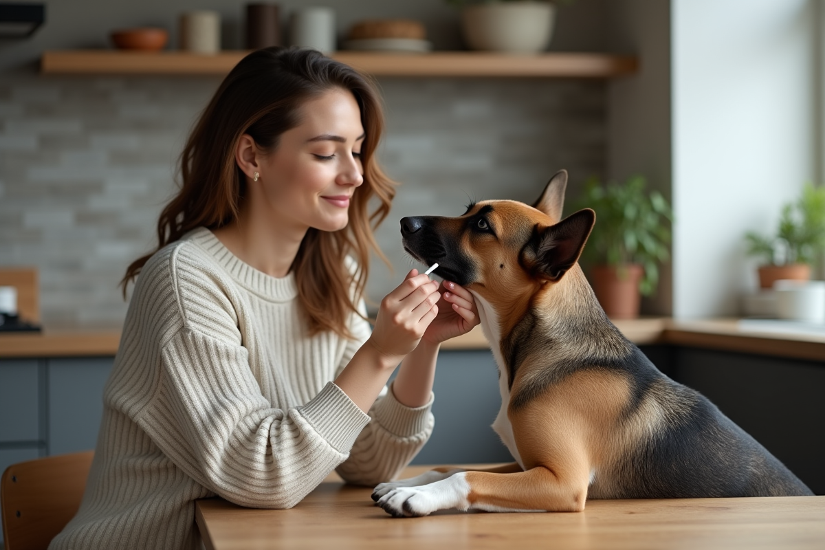 Jeune femme avec chien en intérieur pour test ADN