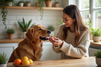 Femme souriante offrant une vitamine à son chien dans une cuisine lumineuse