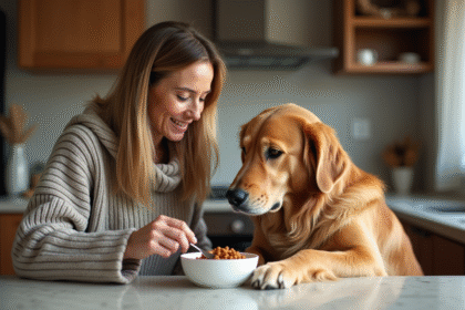 Femme offrant de la nourriture pour chien à son retriever