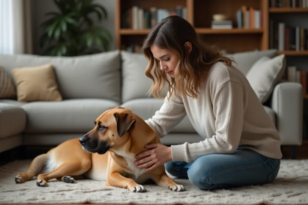 Femme jeune avec chien allongé dans le salon