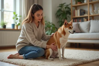 Femme examinant doucement son chien dans le salon