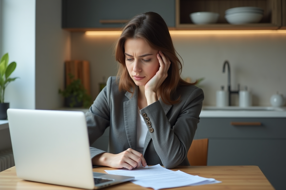 Femme jeune au intérieur examine documents d