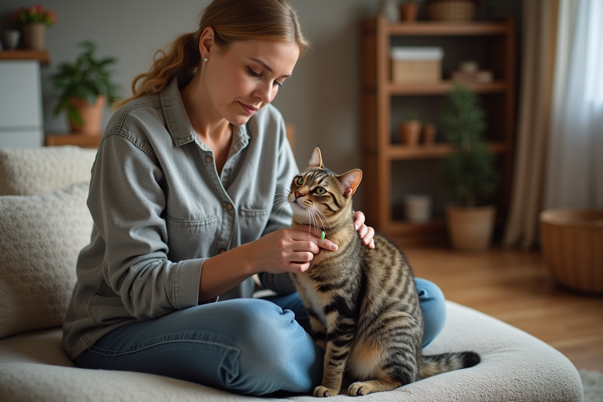 Femme âgée nettoyant son chat tabby avec douceur