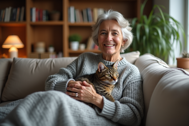 Femme en pull gris tenant un chat sur ses genoux dans un salon chaleureux
