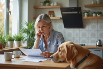 Femme retraitée lisant documents d'assurance dans la cuisine