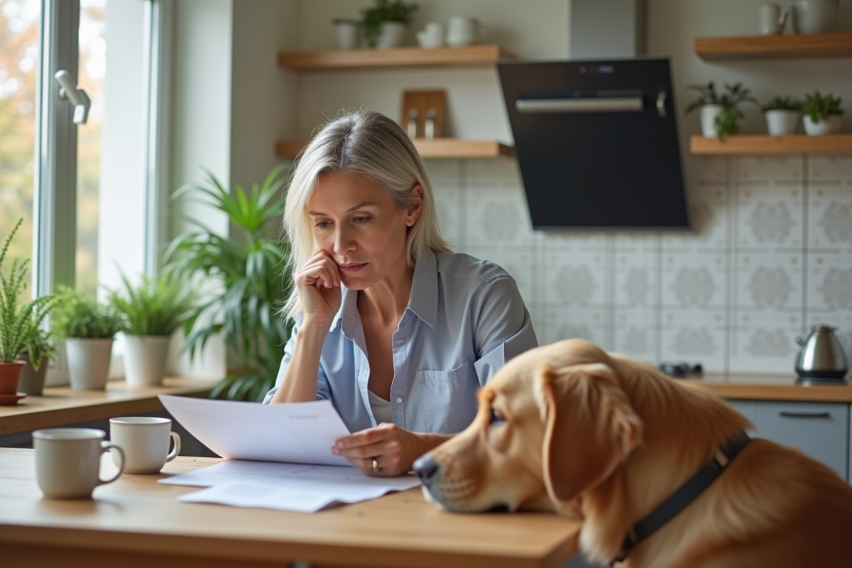 Femme retraitée lisant documents d'assurance dans la cuisine