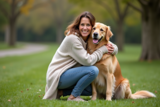 Femme et chien retriever dans un parc en extérieur