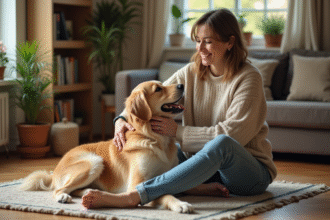 Femme caressant son golden retriever dans un salon chaleureux