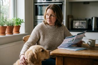 Femme assise à la cuisine avec un chien retriever et brochures d'assurance