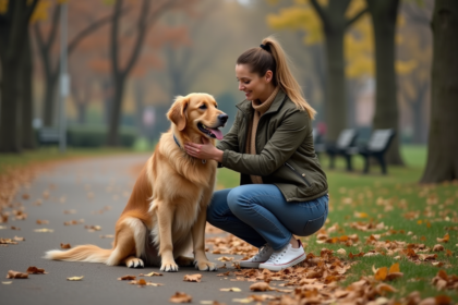 Femme avec chien retriever dans un parc automnal