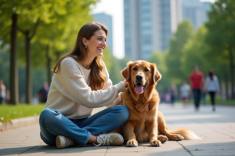 Jeune femme avec chien retriever dans un parc urbain