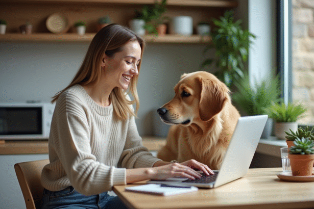 Jeune femme avec chien sur ses genoux devant un ordinateur
