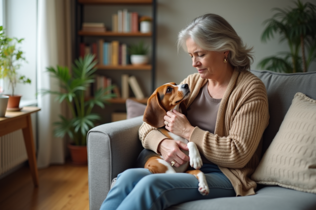 Femme senior avec son beagle dans un salon chaleureux
