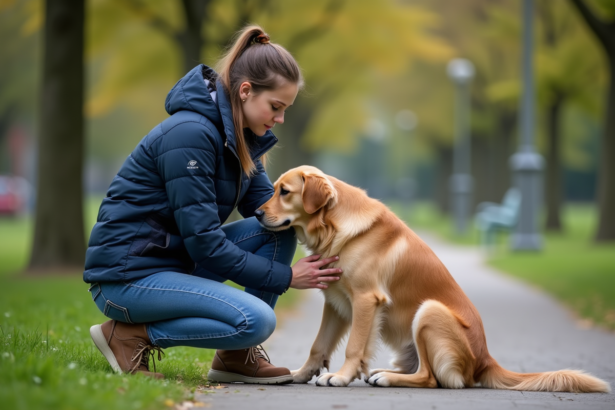 Jeune femme soignant un chien blessé dans un parc