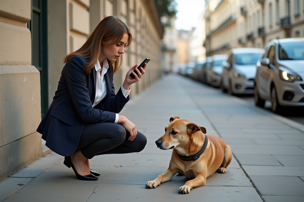 Jeune femme aidant un chien blessé dans la rue