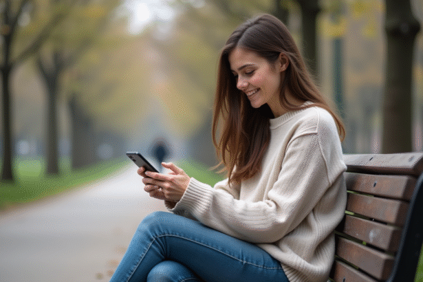 Jeune femme sur un banc de parc urbain avec smartphone