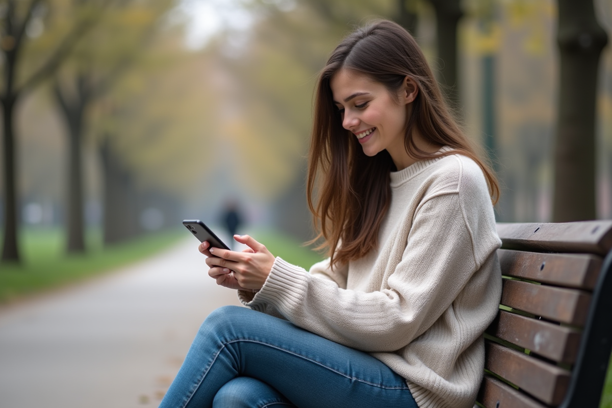 Jeune femme sur un banc de parc urbain avec smartphone