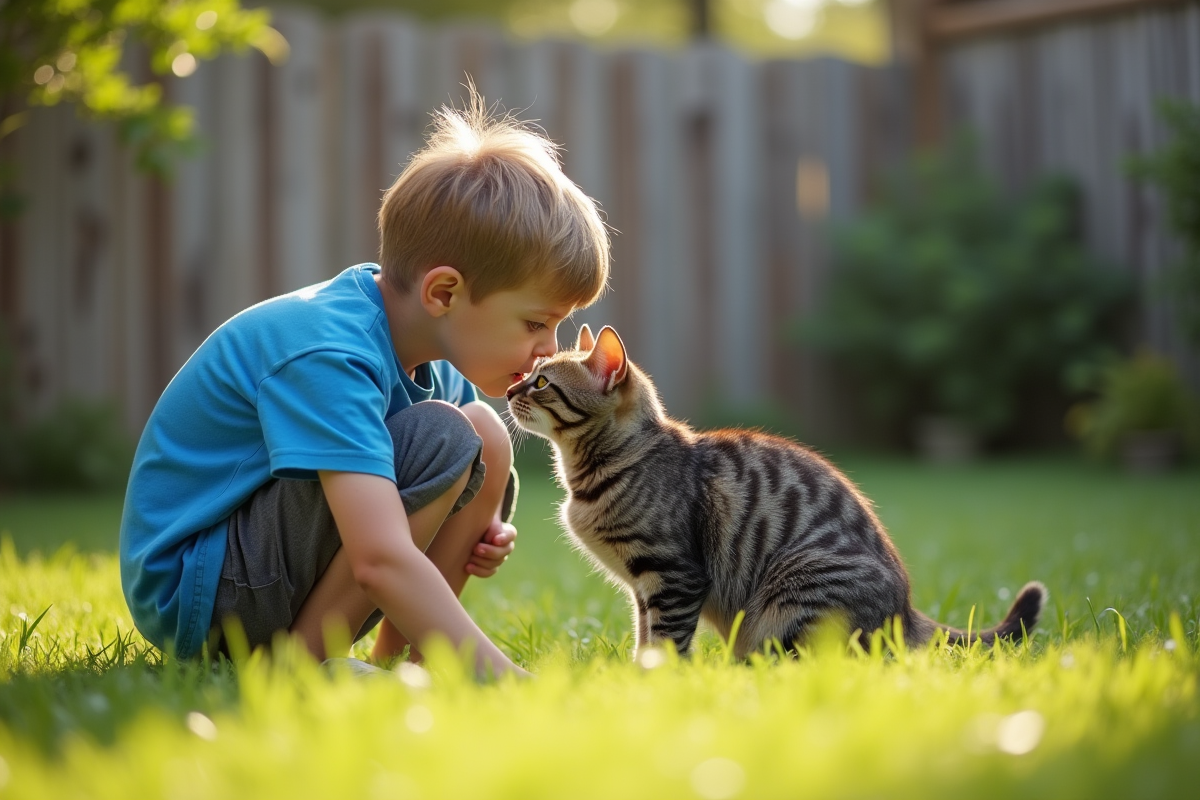 Garçon de 10 ans avec son chat gris dans un jardin ensoleille
