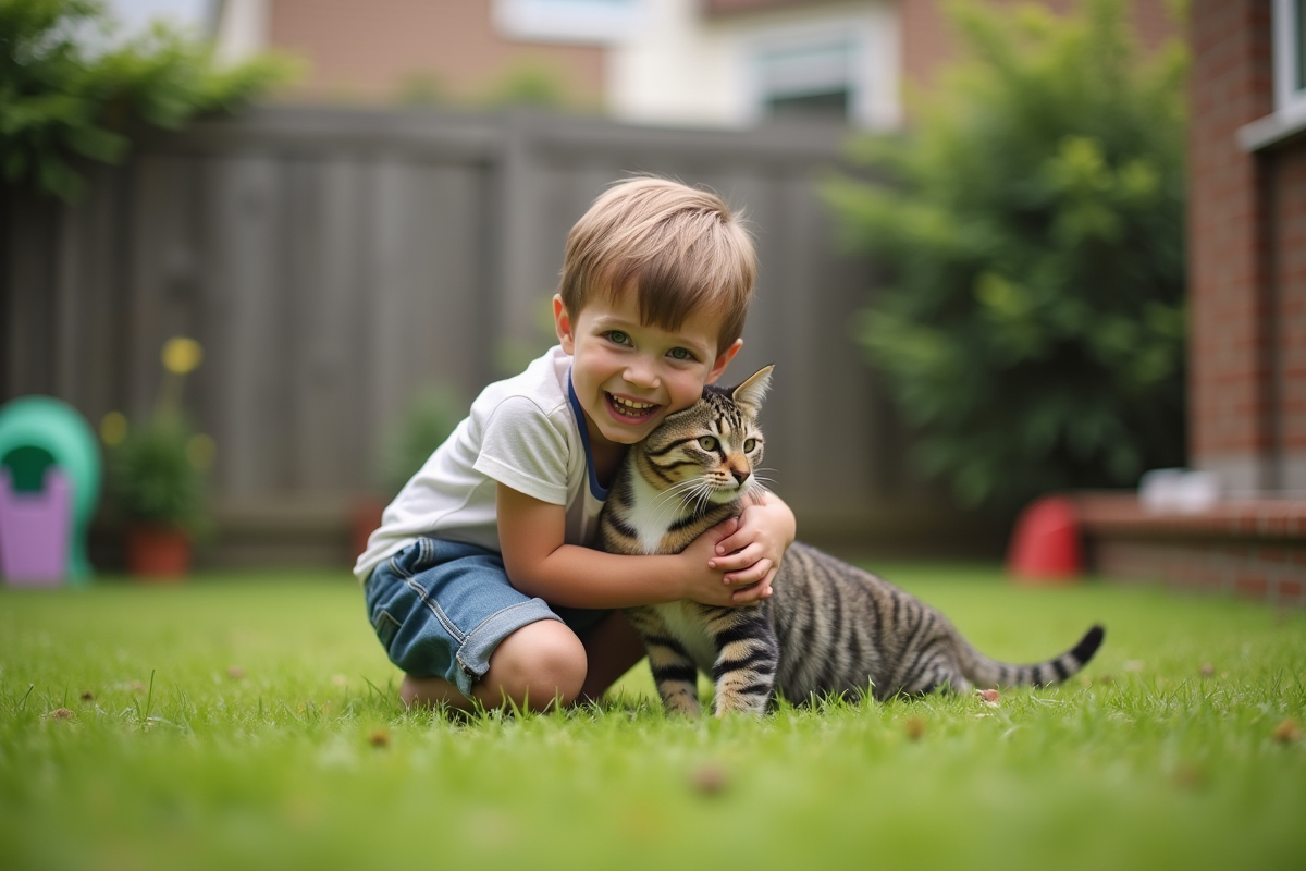 Garçon jouant avec un chat dans un jardin ensoleille