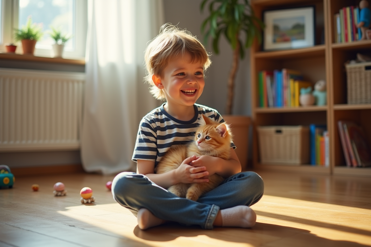 Garçon de 10 ans avec chaton orange dans un appartement