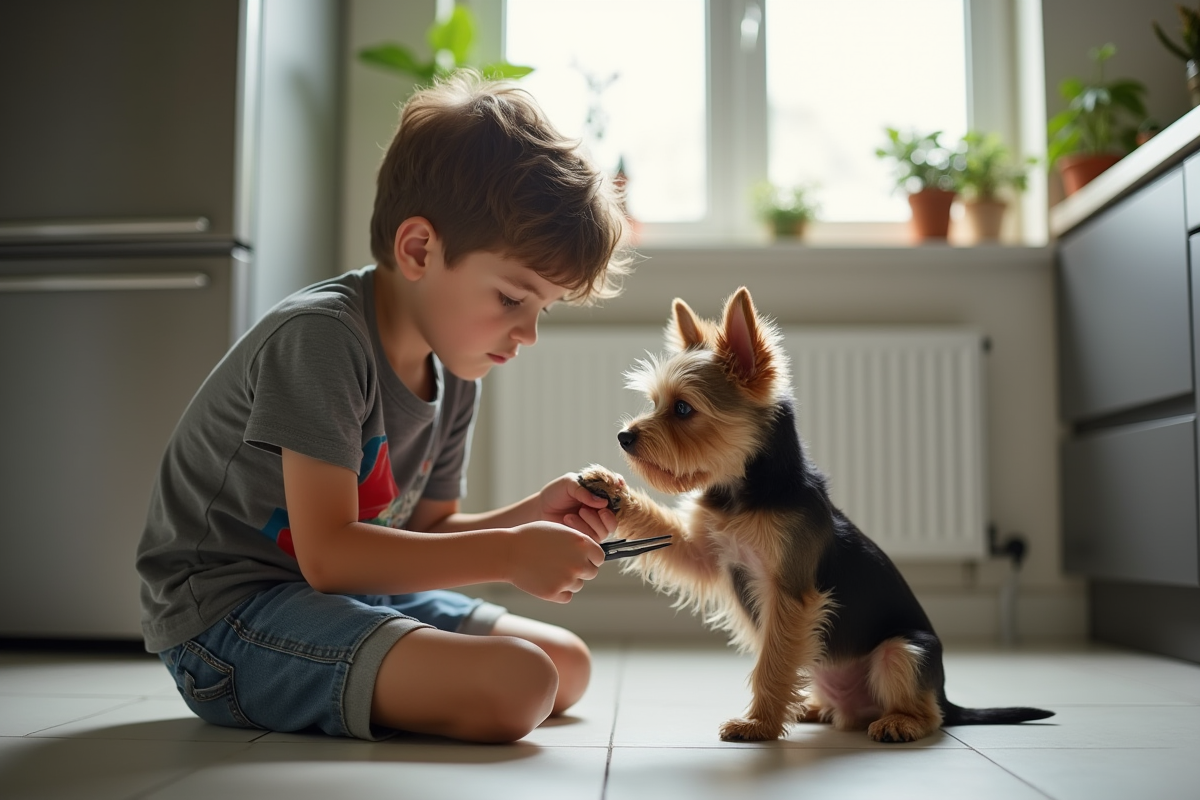 Adolescent coupant les griffes d