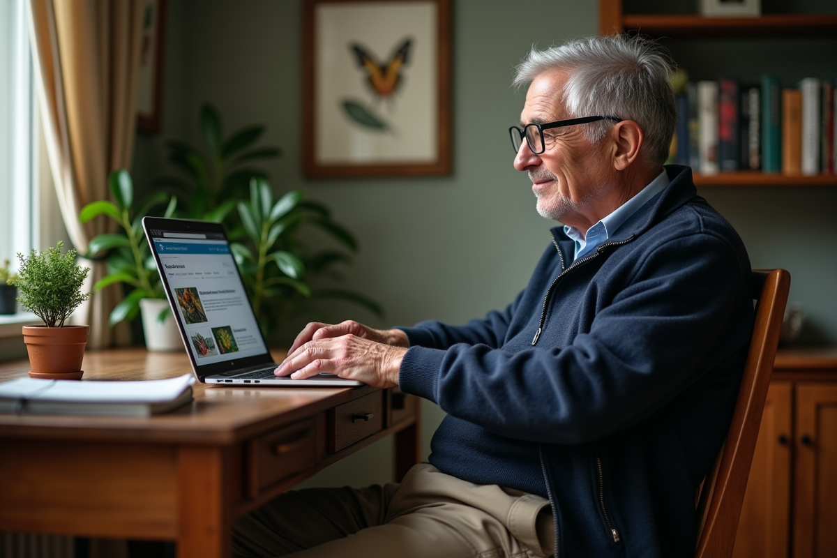 Homme âgé téléchargeant des photos de nature sur son ordinateur