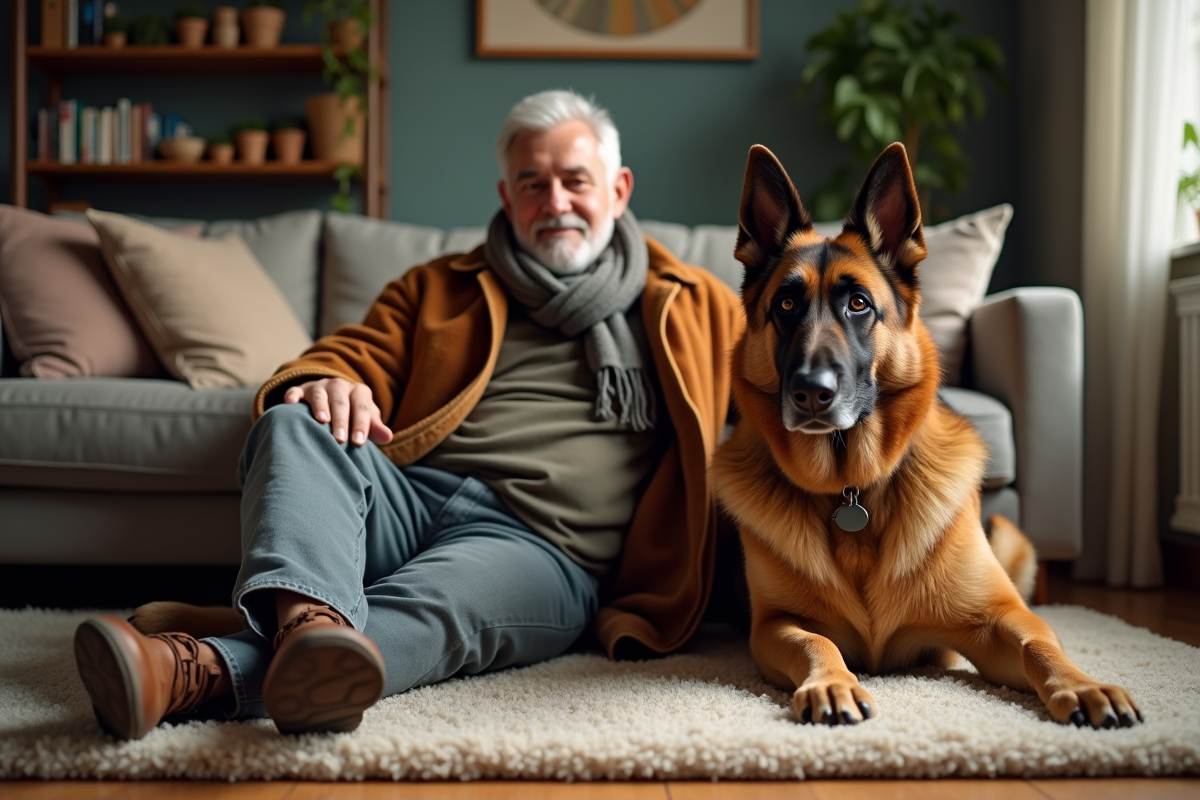 Homme âgé avec chien berger allemand dans un intérieur chaleureux