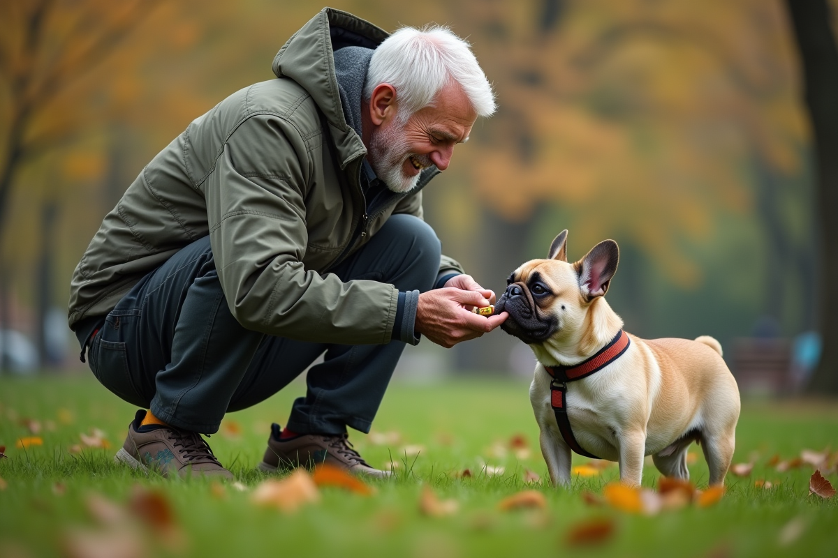 Homme âgé donnant une capsule à son chien dans un parc en matinée