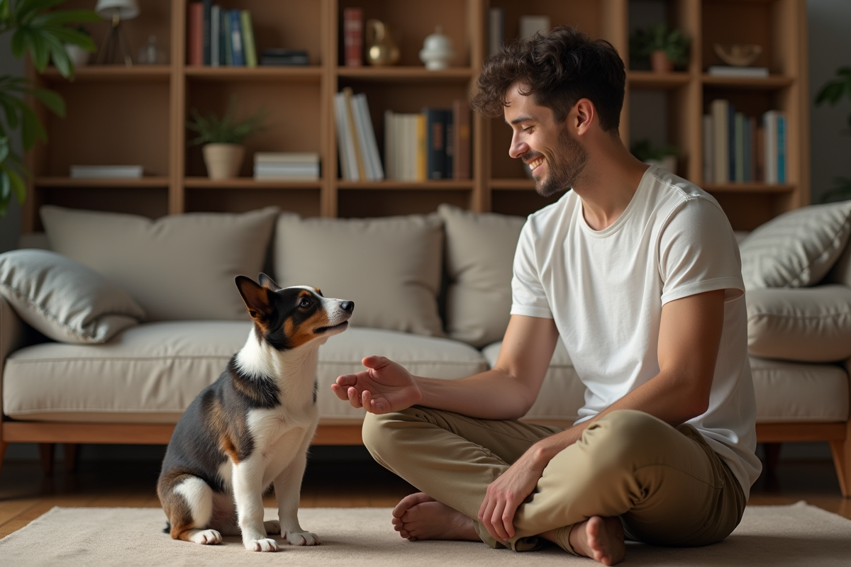 Jeune homme et chien dans un salon chaleureux