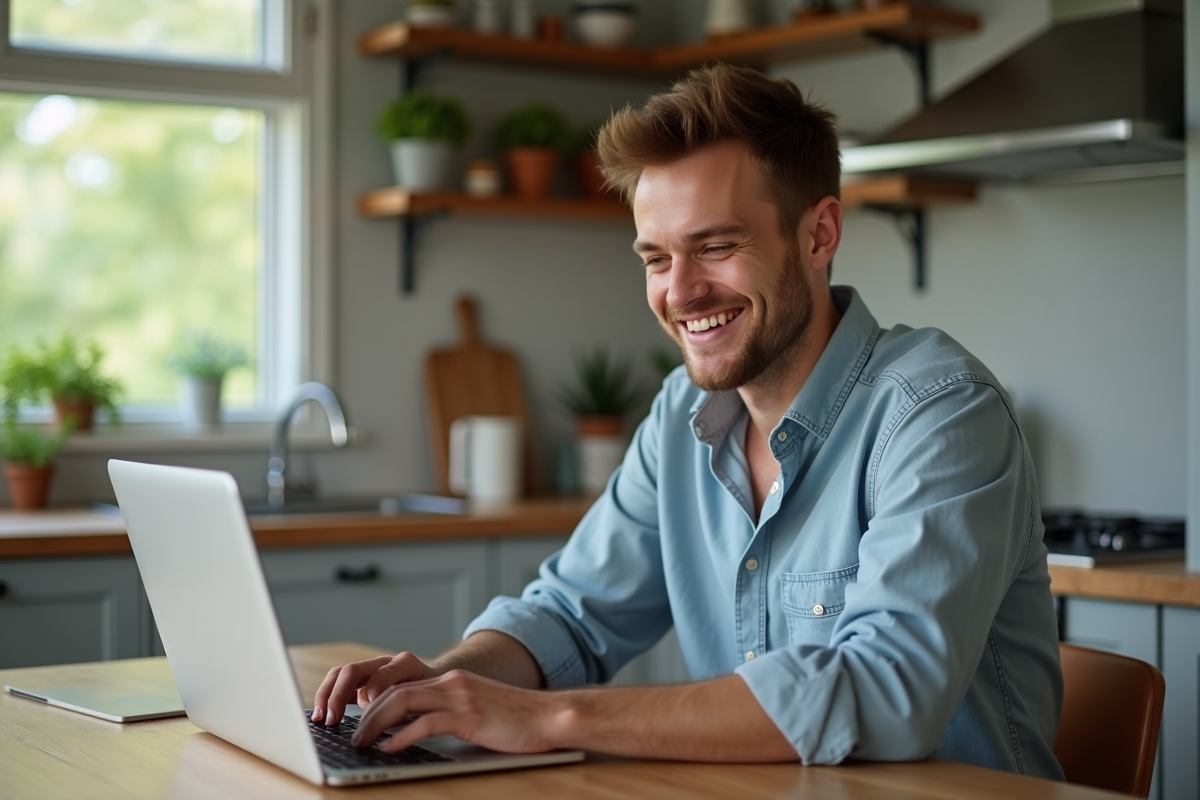 Jeune homme souriant travaillant sur son ordinateur à la maison