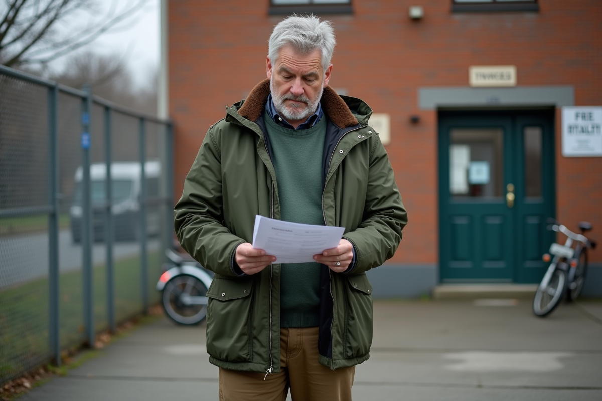 Homme vérifiant documents devant un refuge animalier