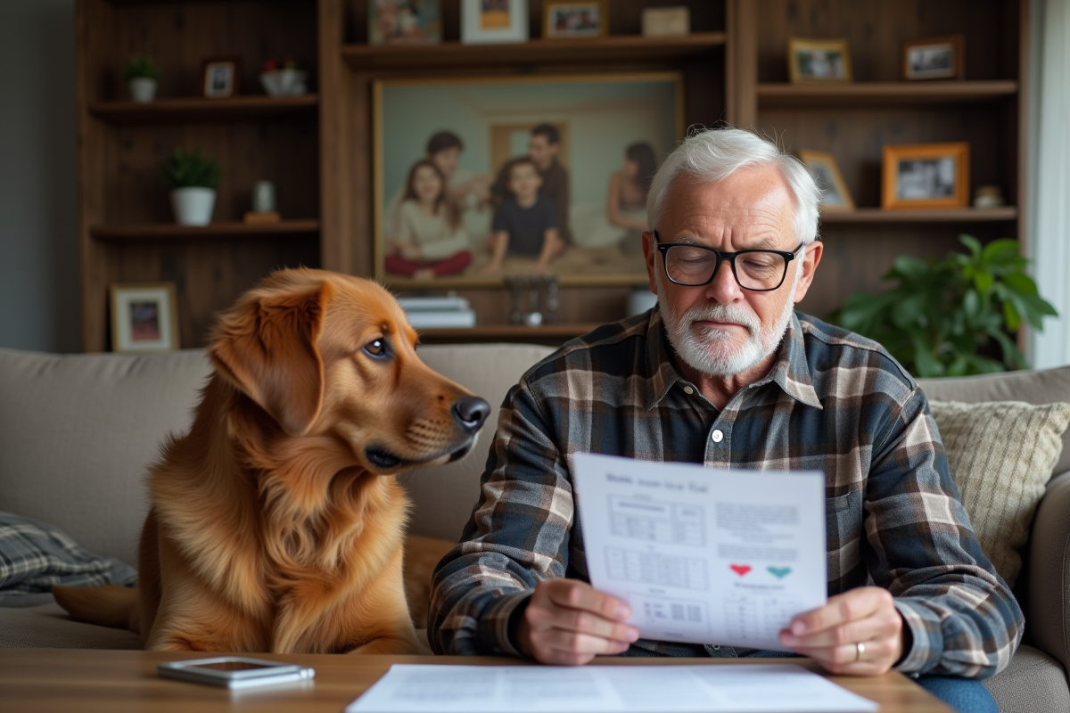 Homme âgé avec chien et test ADN dans le salon