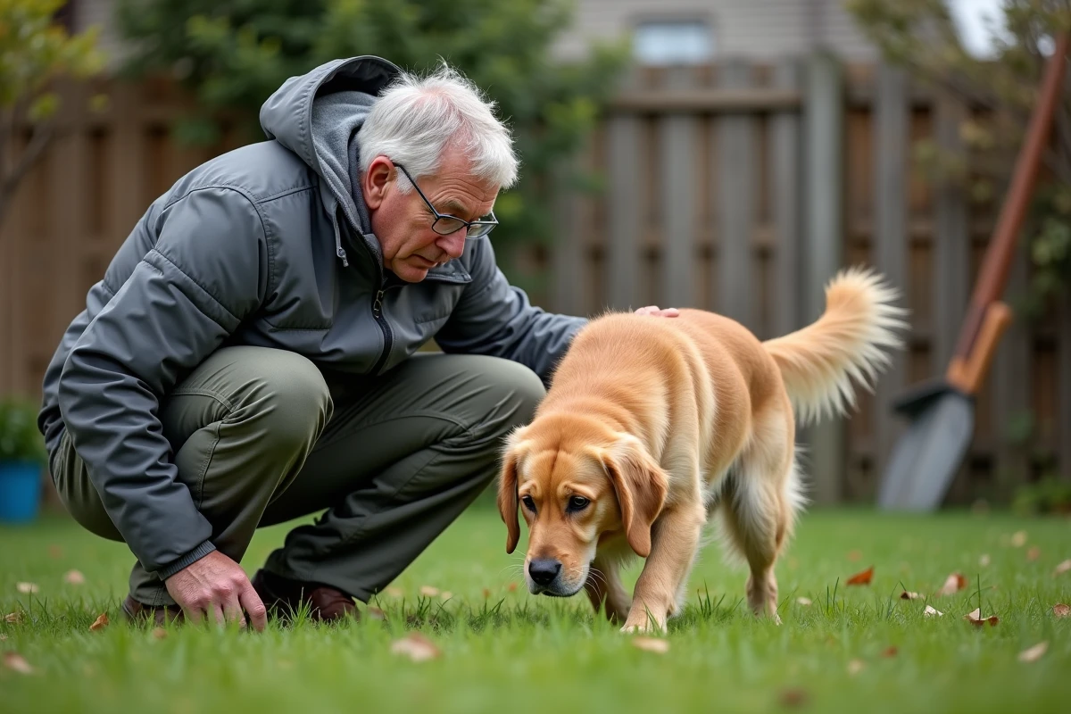 Homme regarde son chien dans le jardin