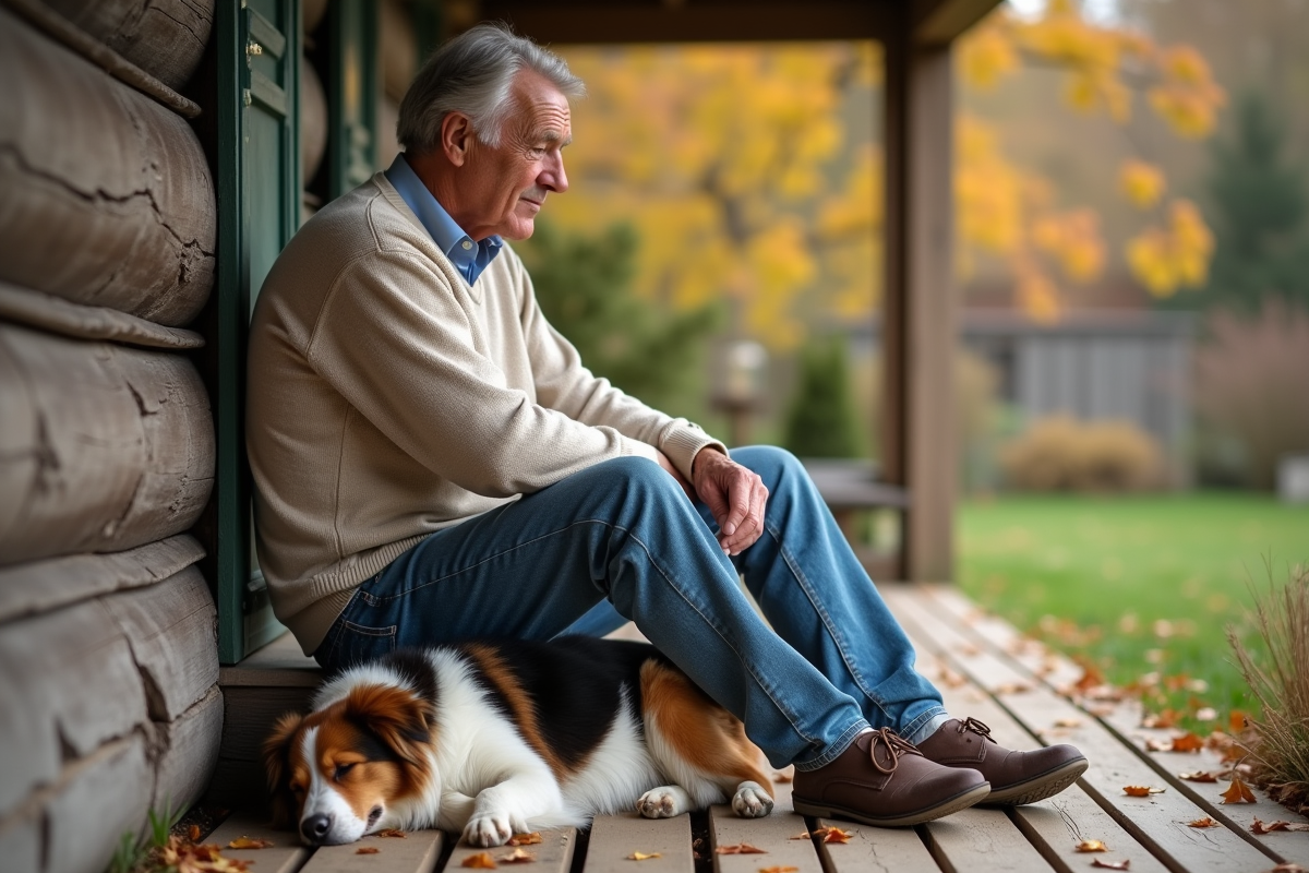 Homme âgé assis sur la terrasse avec son chien en automne