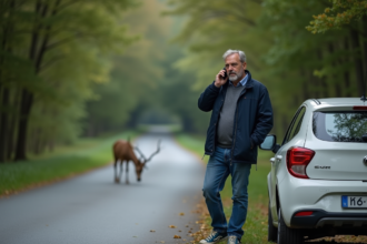 Homme français en extérieur appelant à côté de sa voiture