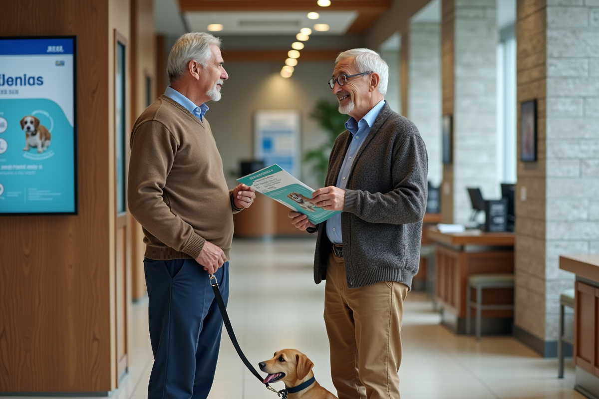 Homme senior parle avec conseiller bancaire et son chien