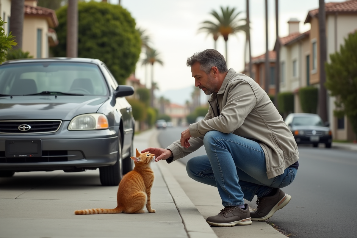 Homme en jeans et veste près d'une voiture et d'un chat orange