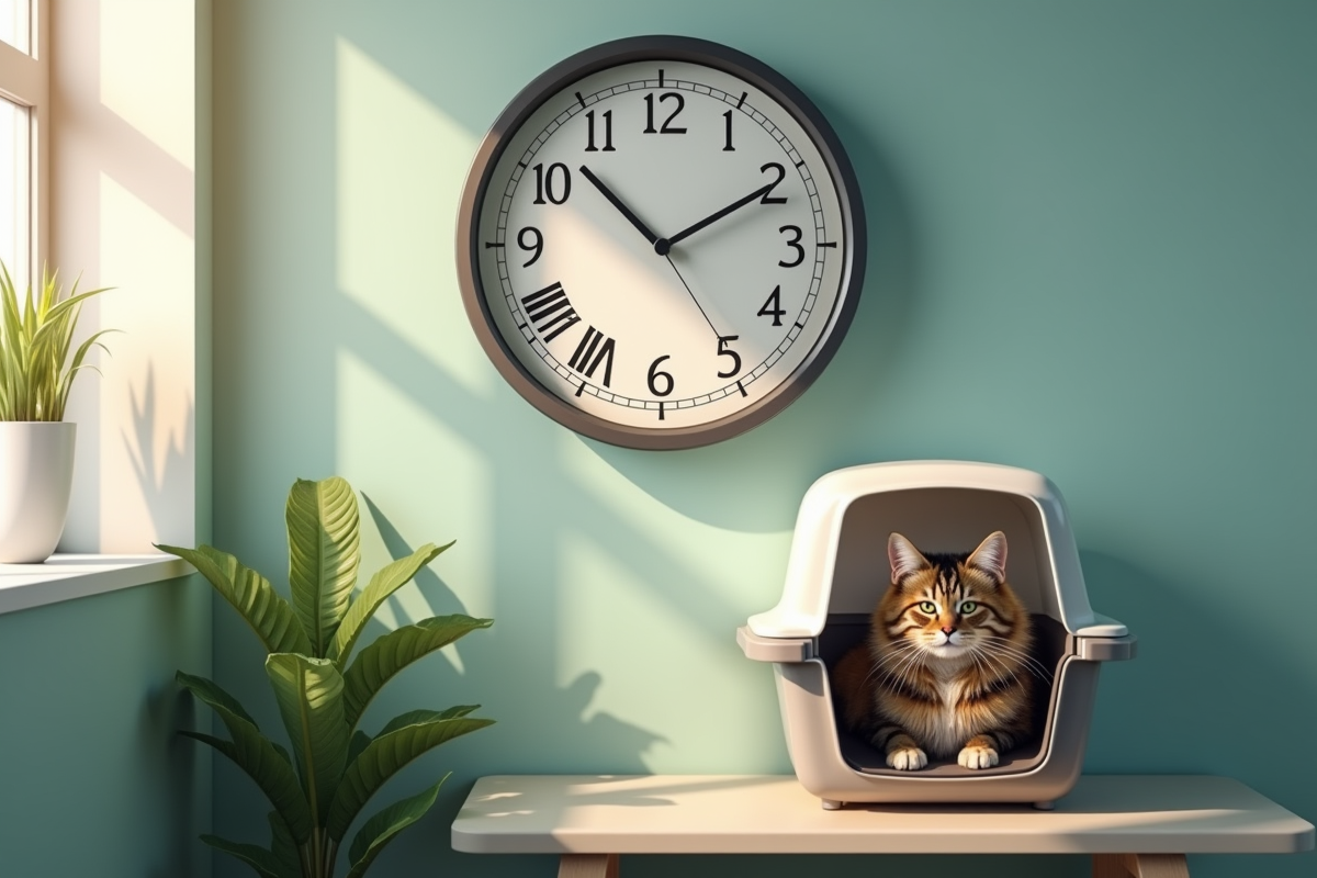 Horloge murale dans un cabinet vétérinaire avec un chat