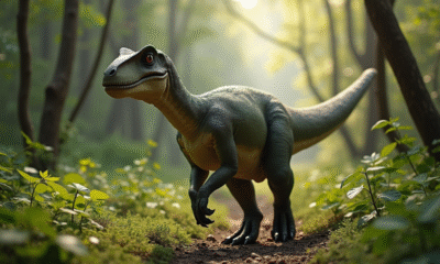 Iguanodon marchant dans une forêt préhistorique verte