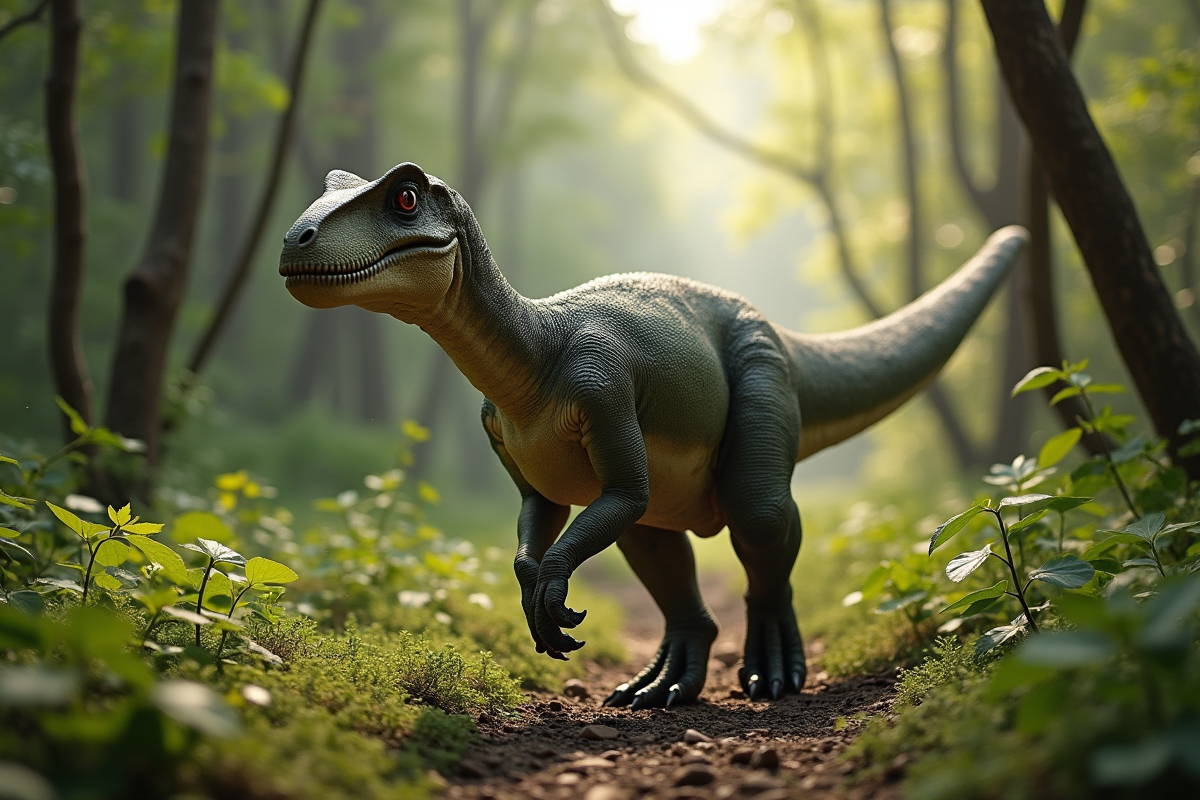 Iguanodon marchant dans une forêt préhistorique verte