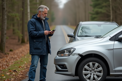 Homme inspectant une voiture endommagée en campagne